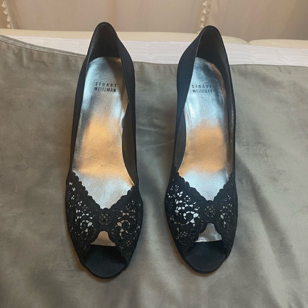 Stuart Weitzman satin/ lace heels, size 10